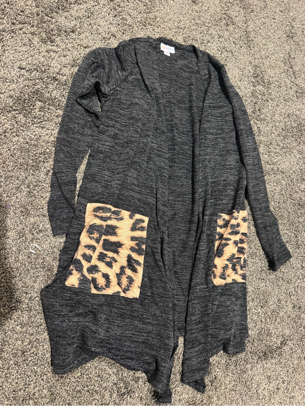LuLaRoe Charcoal Open-Front Cardigan with Leopard Patch Pockets